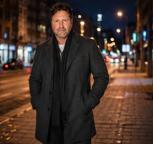 Jonny against a city night backdrop, relaxed confidence and warm ambient light.