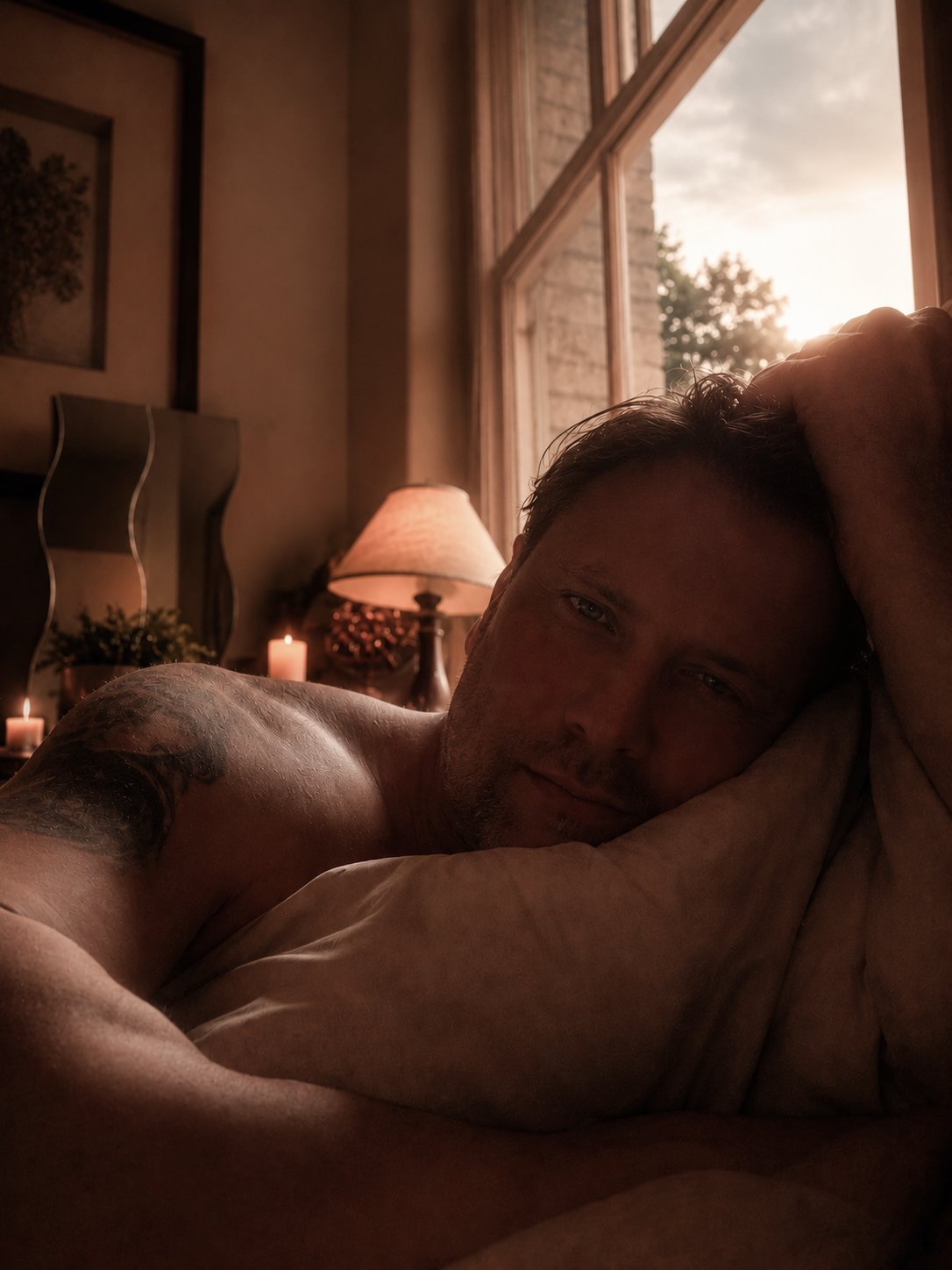 Jonny reclining in a softly lit interior with a warm and intimate atmosphere.