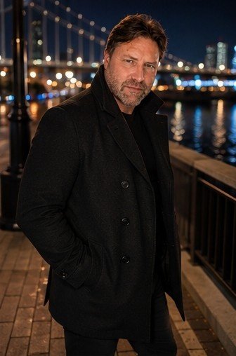 Jonny beside a riverside at night with city lights reflecting softly behind him.